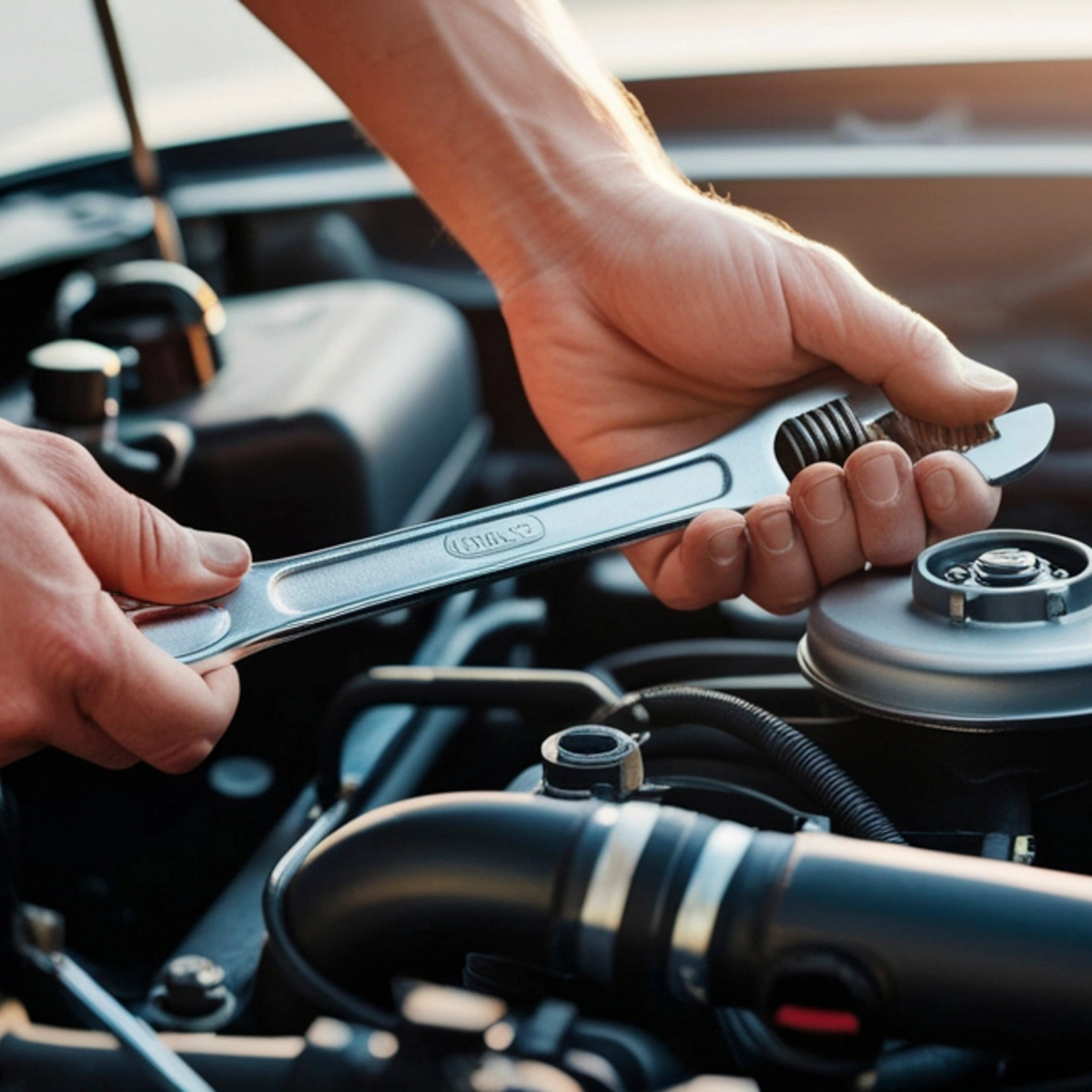 Technician repairing vehicle engine bay