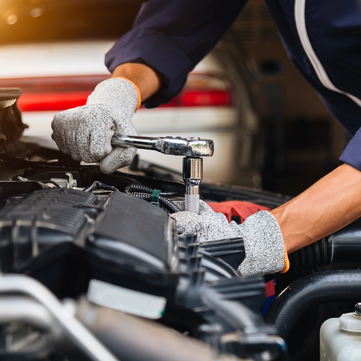 Auto repair shop checking fluids and belts