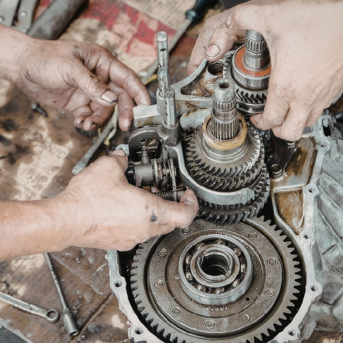 Auto repair shop performing transmission fluid service